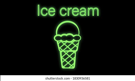 ice cream in a ball in a waffle cup neon, on a black background, pattern, vector illustration. green neon sign. cafe and restaurant decoration, glowing dome.