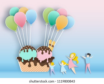  ice cream with balloon ,paper art style.