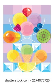 Eis-Kugeln mit Beeren in Vase, Eis-Kugeln in Waffelkegel, exotische Früchte. Moderner, kreativer, geometrischer Hintergrund, Poster, Flyer, Abdeckung, Innendekoration