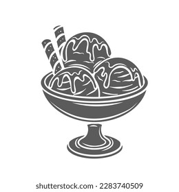 Ice cream balls in bowl glyph icon vector illustration. Stamp of sundae in glass cup, tasty serve of vanilla ice cream with wafer sticks and sprinkles of caramel sauce or chocolate, syrup liquid