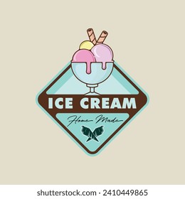 bolas de helado en el emblema del logotipo del intestino ilustración del vector diseño gráfico del icono. símbolo y signo de gelatería congelada o helada para tienda de negocios café con estilo tipográfico de insignia