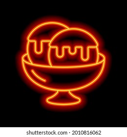 Ice cream balls in the bowl. Orange neon style on black background. Light linear icon with editable stroke