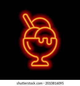 Ice cream balls in the bowl. Orange neon style on black background. Light linear icon with editable stroke