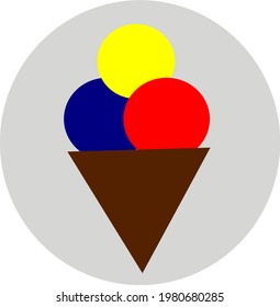 Ice cream balls in brown waffle cone vector. Three color ice cream balls- blue, red and yellow. 