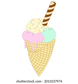 Ice cream balls in a cone with a wafer roll