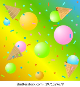 ice cream balls with cones and colored sprinkles on a rainbow background
