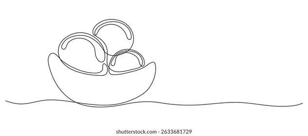 Ice cream balls in continuous line art drawing style. Black outline sketch on white background. Ice-cream scoops on bowl summer banner with copy space.