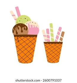 Ice cream balls  covered with chokolate glaze and sweet sprinkles. Hand-drawn color sketch. Ice cream balls with colored tubes in waffle cups. Design elements for cards, pascades and labels.