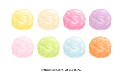 Ice cream balls of different colors and flavors isolated on white background. Vector cartoon flat illustration.