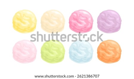 Ice cream balls of different colors and flavors isolated on white background. Vector cartoon flat illustration.