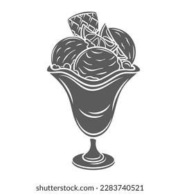 Ice cream balls in glass bowl glyph icon vector illustration. Stamp of gelato scoops in cup, serve of sundae with waffle or cookie and lemon slices, cold dessert from summer sweet restaurant menu