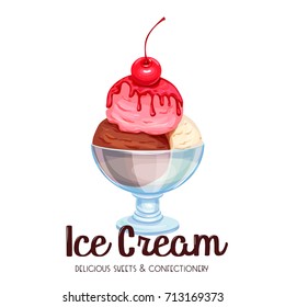 Ice cream balls in a glass bowl with cherry and syrup. Vector illustration.