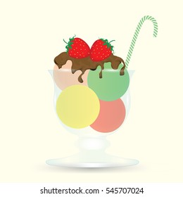 ice cream balls in a glass chocolate cream strawberry isolated on a light background vector element for design