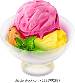 Eiscreme-Bälle in einem Glastopf mit den Minzblättern, transparentes Glas, Kirscheis, Bananeneis, Ölfarbe, digitale Farbe auf weißem Hintergrund. Gesunde Lebensmittel, handgezeichnet gezogene Lebensmittel