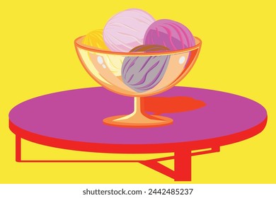 Ice cream balls in a glass pot, clear glass, cherry ice cream, banana ice cream, oil paint style, digital paint, on a white background. Healthy food, everyday food, hand drawn illustration.