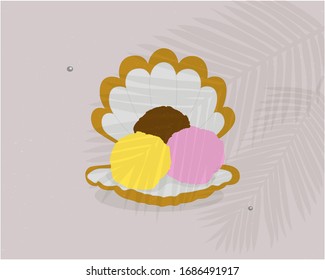 ice cream balls lie on a shell on the beach under the shadow of a palm tree. Vector illustration of cartoon beach accessories. Сartoon character for brochures, flyer, shop, tourism.