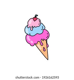 Ice cream balls melt in a waffle cone. Frozen summer dessert. Doodle style. Vector illustration on isolated background. For stickers, patches, cards, invitations