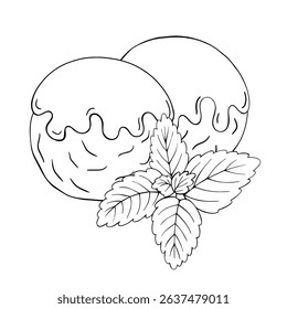 Ice cream balls with mint leaves black and white vector illustration for coloring book page stationery items packaging design