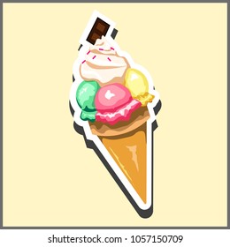Ice cream balls on a waffle cone and chocolate. Illustration in the form of a sticker.