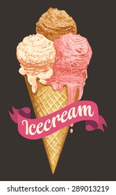 Ice cream balls on waffle cone isolated on dark photo-realistic vector illustration