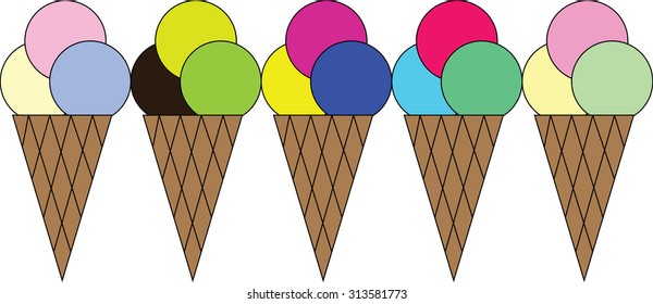 Ice cream balls on waffle cone isolated on white- vector illustration