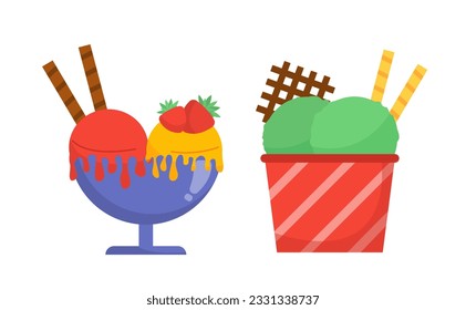 Ice cream balls at plate concept. Colorful frozen balls with berries and fruits. Dessert and delicacy. Template, layout and mock up. Cartoon flat vector illustration isolated on white background