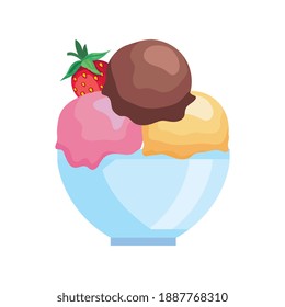 ice cream balls and strawberry in bowl vector illustration design