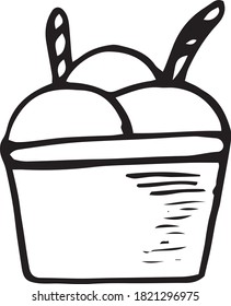Eis-Kugeln mit Strohsymbol, Aufkleber, handgezeichnete Vektordoodle. Skizze, skandinavisch, Minimalismus, einfarbig. Einzelelement für Design. Essen, Nachtisch