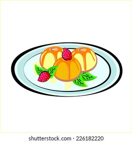 ice cream balls with topping strawberry on the plate in Doodle Style