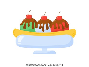 Ice cream balls under topping concept. Dessert and delicacy with frozen chocolate. Junk and sweet food for summer season and hot weather. Cartoon flat vector illustration isolated on white background