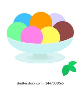 Ice cream balls in a vase with a mint leaf, hand drawing illustration, summer holiday concept