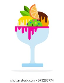 Ice cream balls in a vase with sauces, slice of orange and mint vector flat material design isolated on white