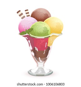 Ice cream balls, vector drawing, painted dessert. Four different balls of ice cream in a glass vase, isolated on white background
