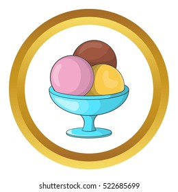 Ice cream balls vector icon in golden circle, cartoon style isolated on white background