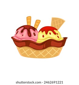 Ice cream balls in wafer bowl vector illustration