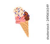 Ice cream balls in waffle cone. Icecream with chocolate, vanilla flavour and sprinkles. Sorbet, sundae. Cold summer dessert of frozen milk. Flat isolated hand drawn vector illustration on white