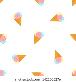 Ice cream balls in a waffle cone. Summer seamless pattern. Used for design surfaces, fabrics, textiles, packaging paper, wallpaper