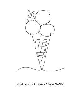 Ice cream balls in waffle cone in continuous line art drawing style. Black line sketch on white background. Vector illustration