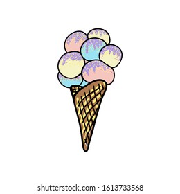 Ice cream balls in the waffle cone in flat simple style. 
