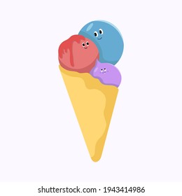 Ice cream balls in waffle cone isolated on white background.