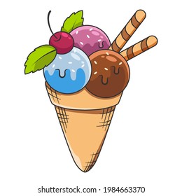 Ice cream balls in the waffle cone isolated on white background. Line art vector flat illustration.