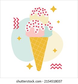 Ice cream balls in waffle cone with bright elements isolated on white background. Vector flat outline icon. Comic character in cartoon style illustration for t-shirt design