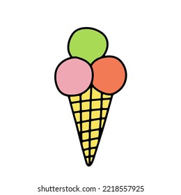 Ice cream balls in waffle cone isolated on white background. Vector doodle illustration in cartoon style
