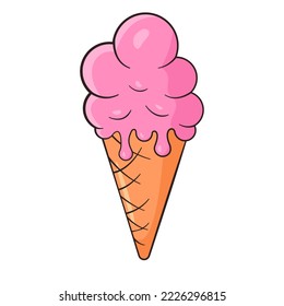 Ice cream balls in waffle cone. Vector illustration. Cartoon