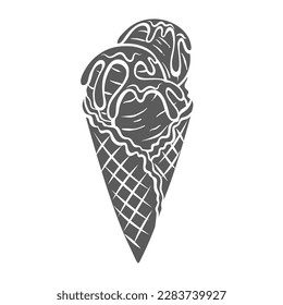 Ice cream balls in waffle cone glyph icon vector illustration. Stamp of vanilla sundae in crispy wafer, tasty serve of ice cream pieces from scoop with sprinkles of caramel sauce, chocolate or syrup