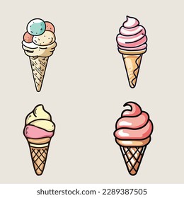 ice cream balls in the waffle cone set isolated on white background. Vector flat, clipart outline icon. cartoon style illustration for using t-shirt design