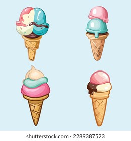 ice cream balls in the waffle cone set isolated on white background. Vector flat, clipart outline icon. cartoon style illustration for using t-shirt design