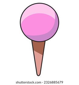 Ice cream balls in the waffle cone isolated on white background. Vector flat outline icon. Comic character in cartoon style illustration for t shirt design