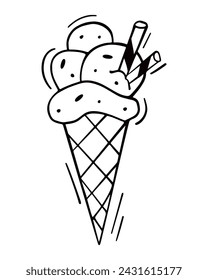 Ice cream balls in the waffle cone isolated on white background. Vector illustration in doodle style