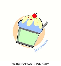 Ice cream balls in the waffle cone or ice cream in cup isolated cream background. Vector flat outline icon. Comic character in cartoon style illustration for notice design.